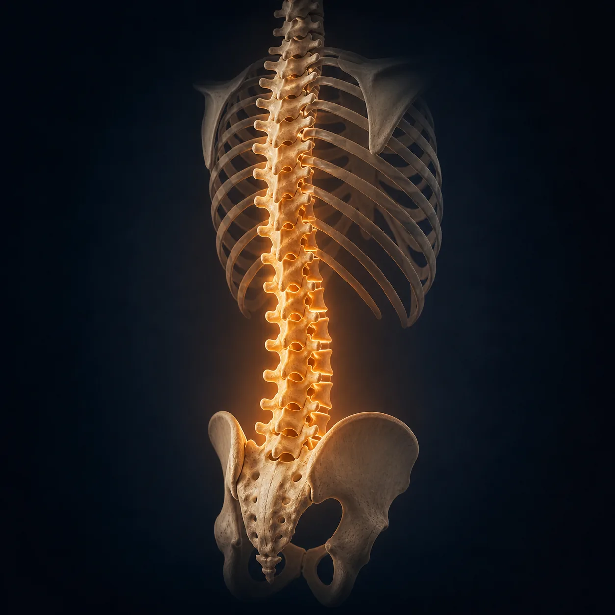 Lumbar spine anatomy — the primary region targeted by McKenzie / MDT assessment. Repeated movement testing identifies whether your symptoms centralize toward the spine or peripheralize down the leg.