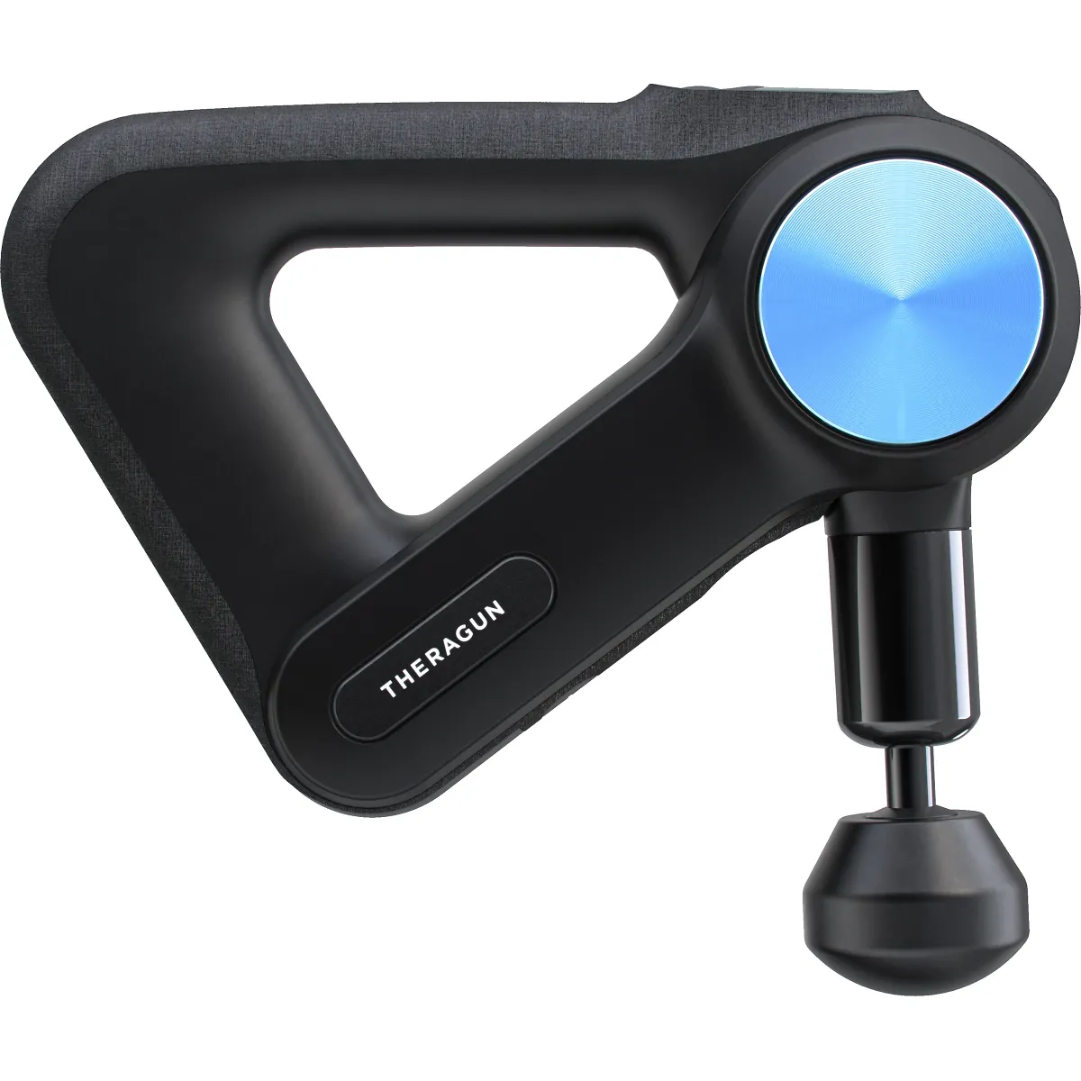 Black massage gun with blue button